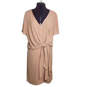 Entro V Neck Adjustable Knot Detail Cape Sleeve Zipper Dusty Rose Tan Dress L